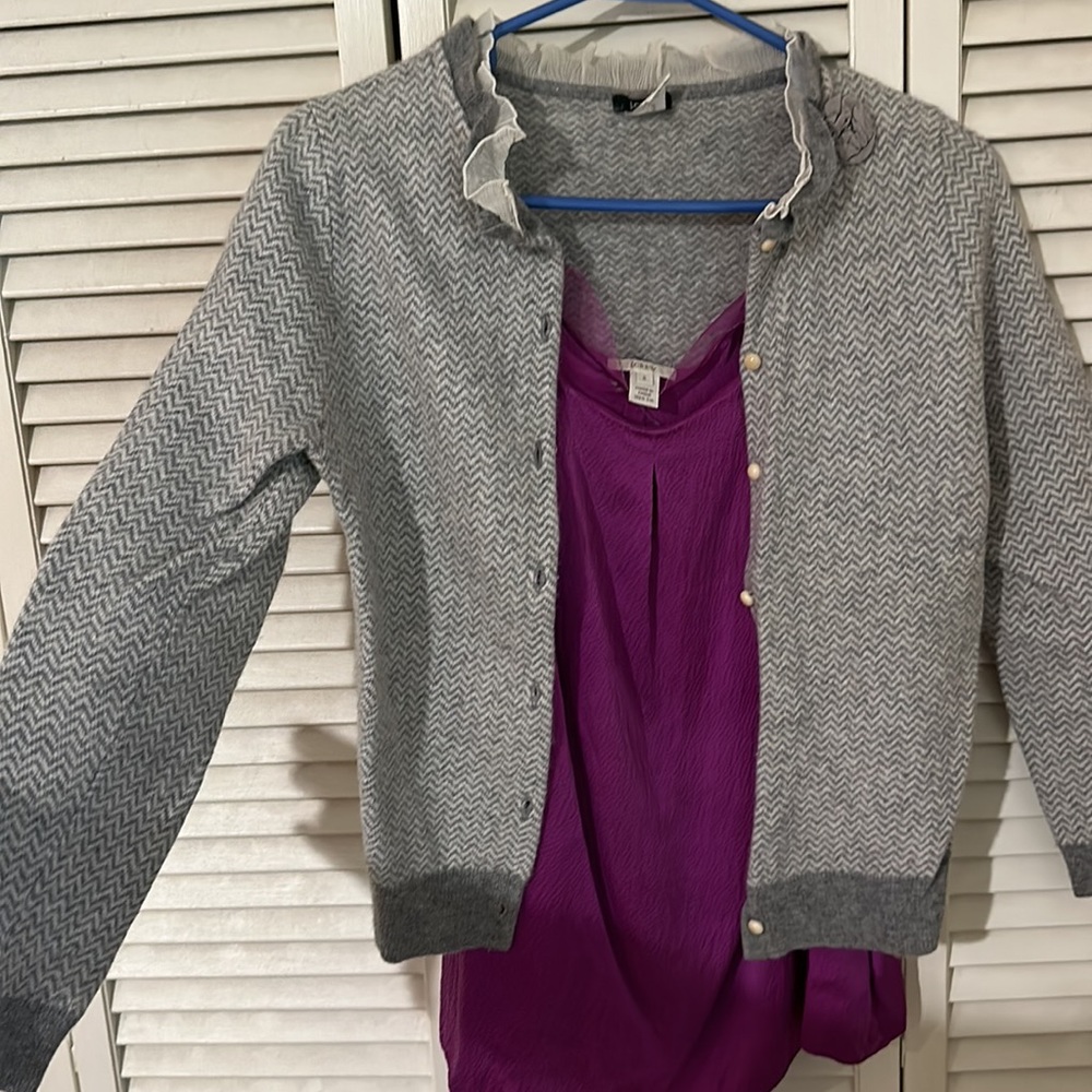 JCrew silk cami and grey herringbone cardigan.
